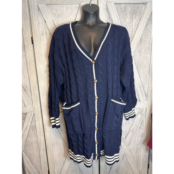 Women's ELOQUII Navy & White Cable Knit Cardigan Plus Size 26/28 - Picture 2 of 9